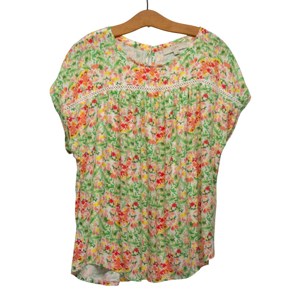 Women's LOFT Medium Floral Short Sleeve Dress Shirt Summer Tunic Top